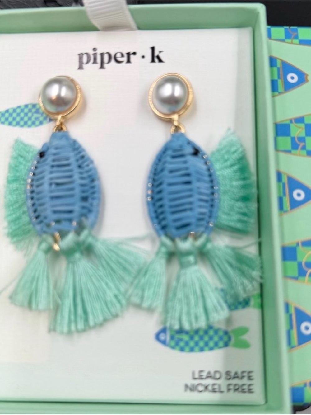 Piper·k Blue and Mint Fish Tassel Drop Earrings